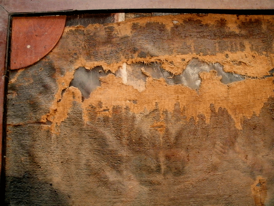 Pérdida de de la tela oxidada por acción de los muriélagos. Detalle del sector superior del cuadro